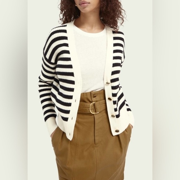 Scotch & Soda Striped Chunky Cardigan V Neck Cotton Blend Black Cream Size L - Picture 1 of 15